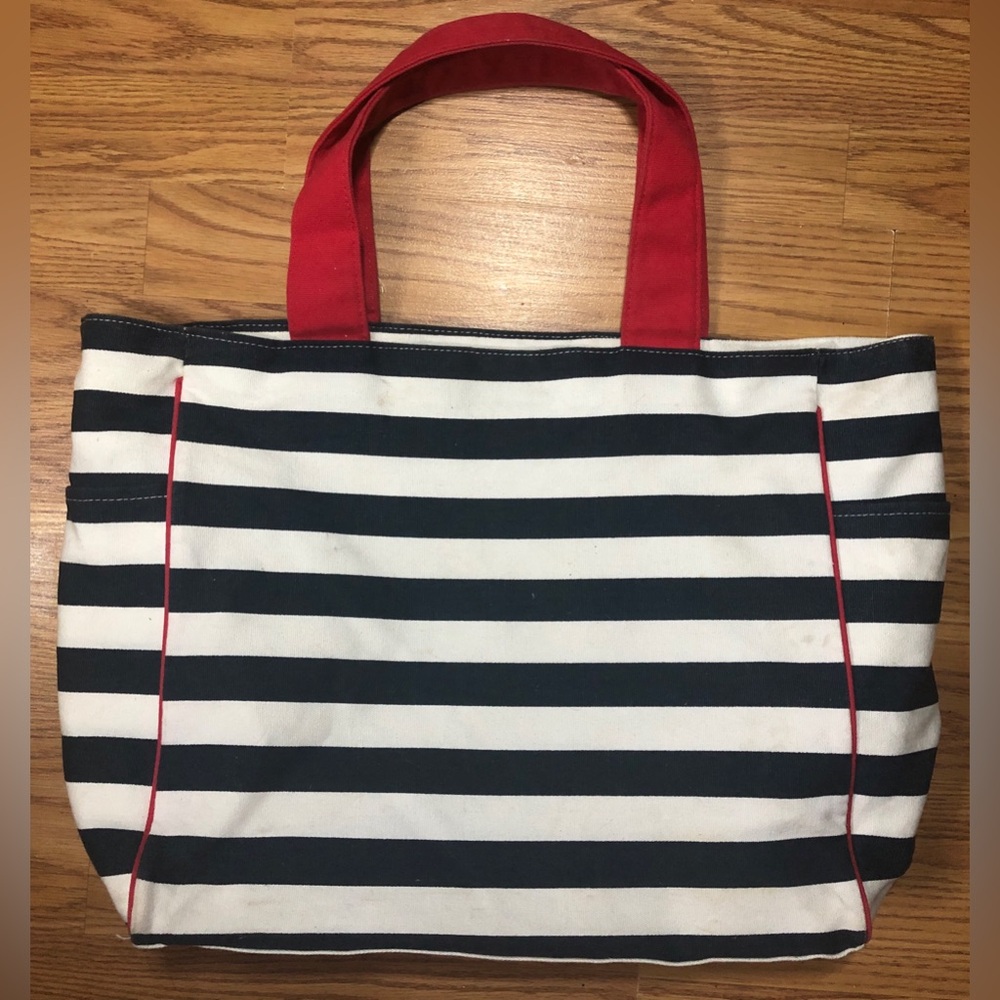 Lancôme Canvas Shopper Tote Bag Blue & White stripe Red accents L 14x18”inch